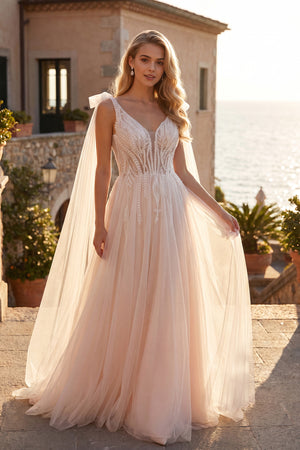Juliet JT2602CW V-neck A-line bridal gown with shoulder streamers front view