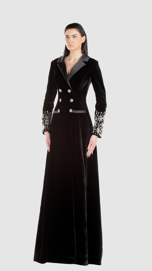 Edward Arsouni 1151 double-breasted long sleeve evening dress, front view