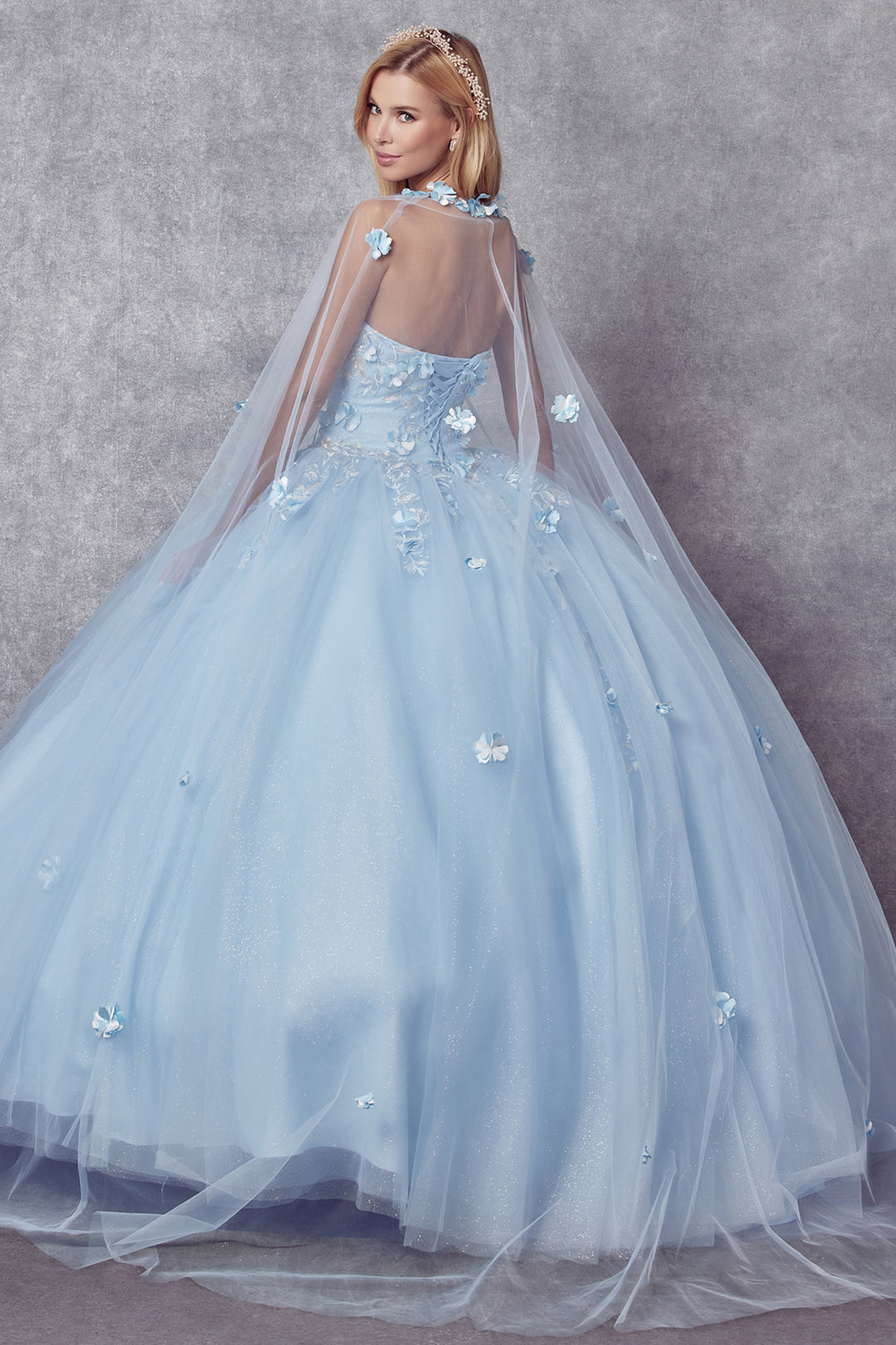 Juliet 1435 quinceanera dress back view with sheer cape