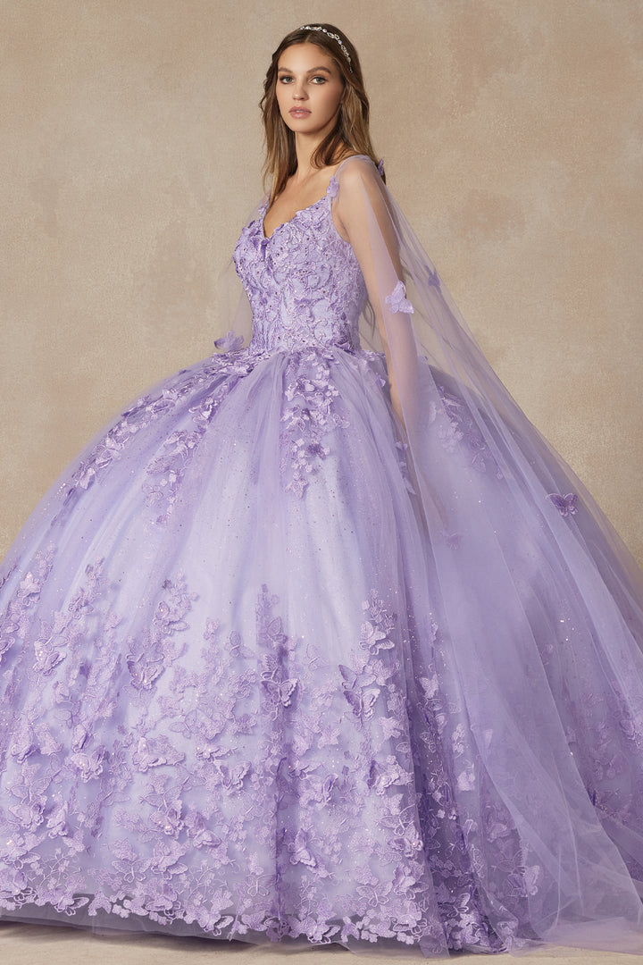 Juliet 1442 butterfly appliqué cape quinceanera dress front view, option 2