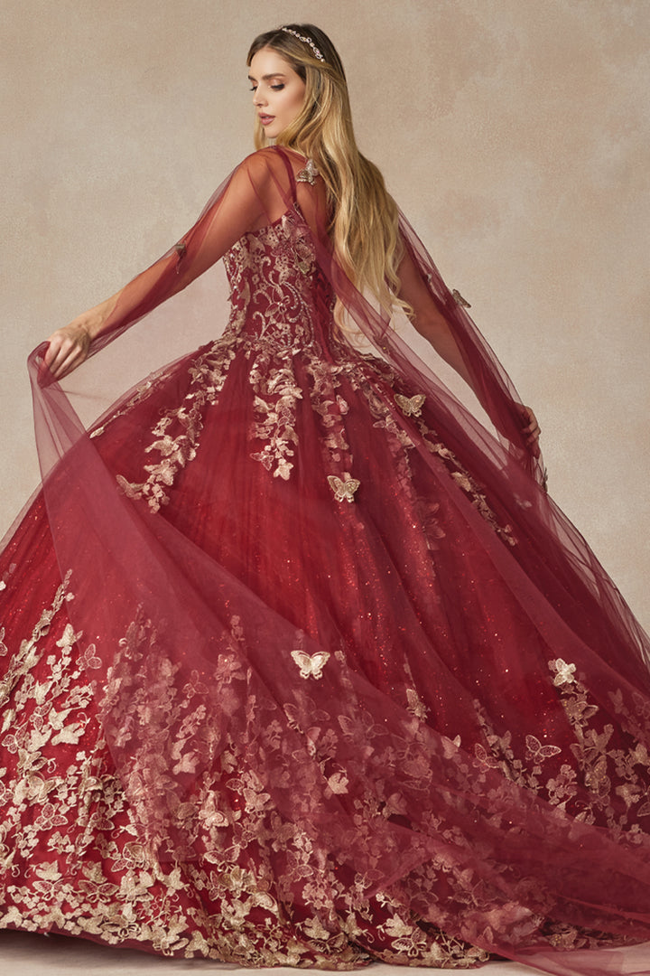 Juliet 1442 butterfly appliqué cape quinceanera dress side view with sheer cape
