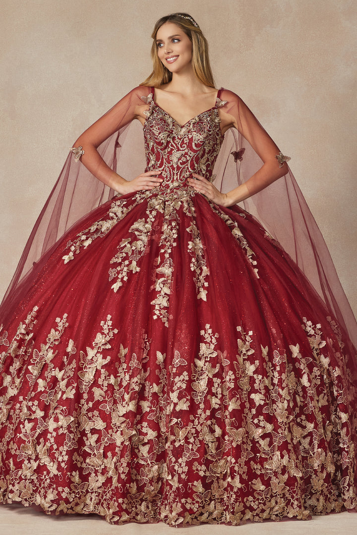 Juliet 1442 butterfly appliqué cape quinceanera dress front view with sheer cape, option 4