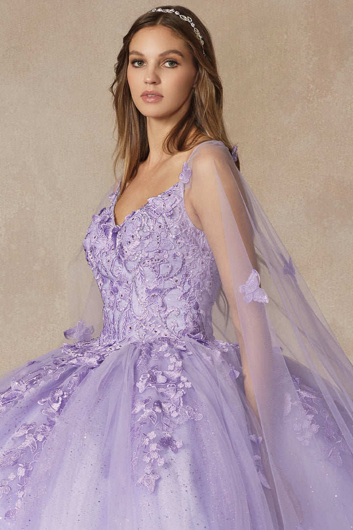 Juliet 1442 butterfly appliqué cape quinceanera dress bodice and cape detail view