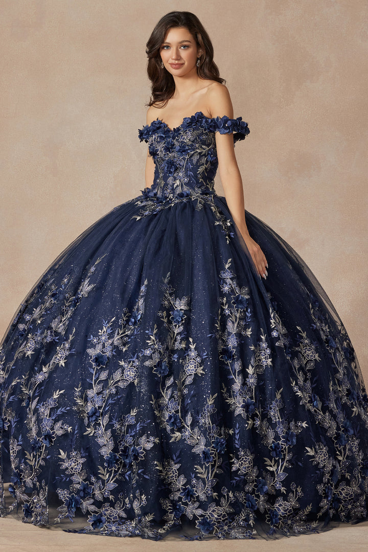 Juliet 1447 off-shoulder floral appliqué quinceanera dress front view, option 2
