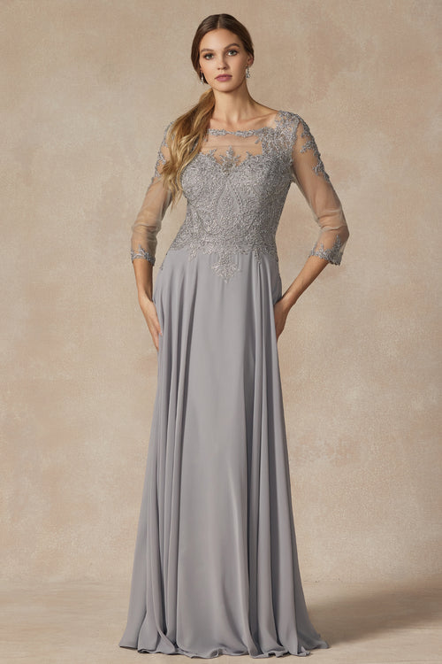 Juliet M12 Embroidered Appliqué Sheer Sleeve Mother of the Bride Dress