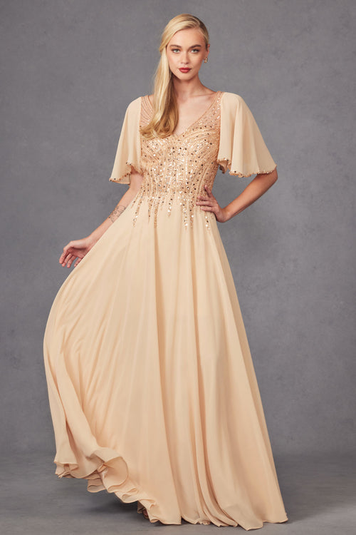 Juliet JTM14F Flutter Sleeve V-Neck Mother of the Bride Dress
