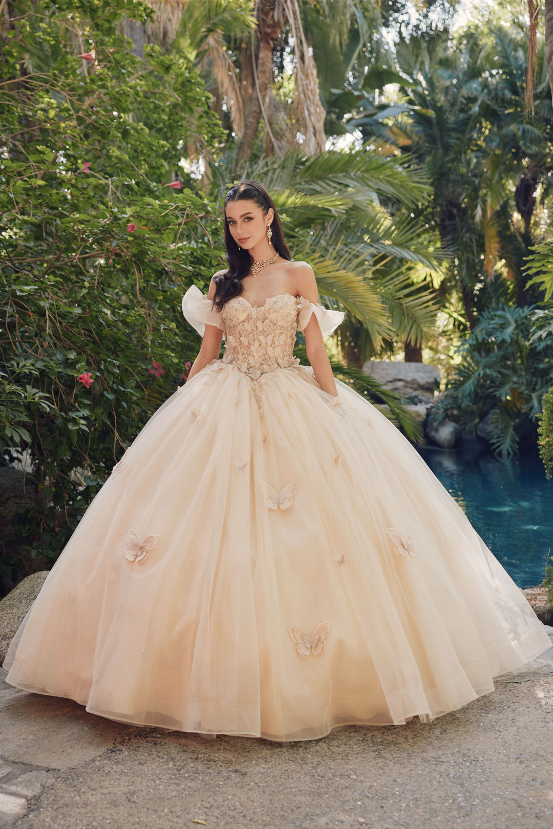 Juliet JT1448J off-shoulder butterfly appliqué ball gown quinceanera dress front view