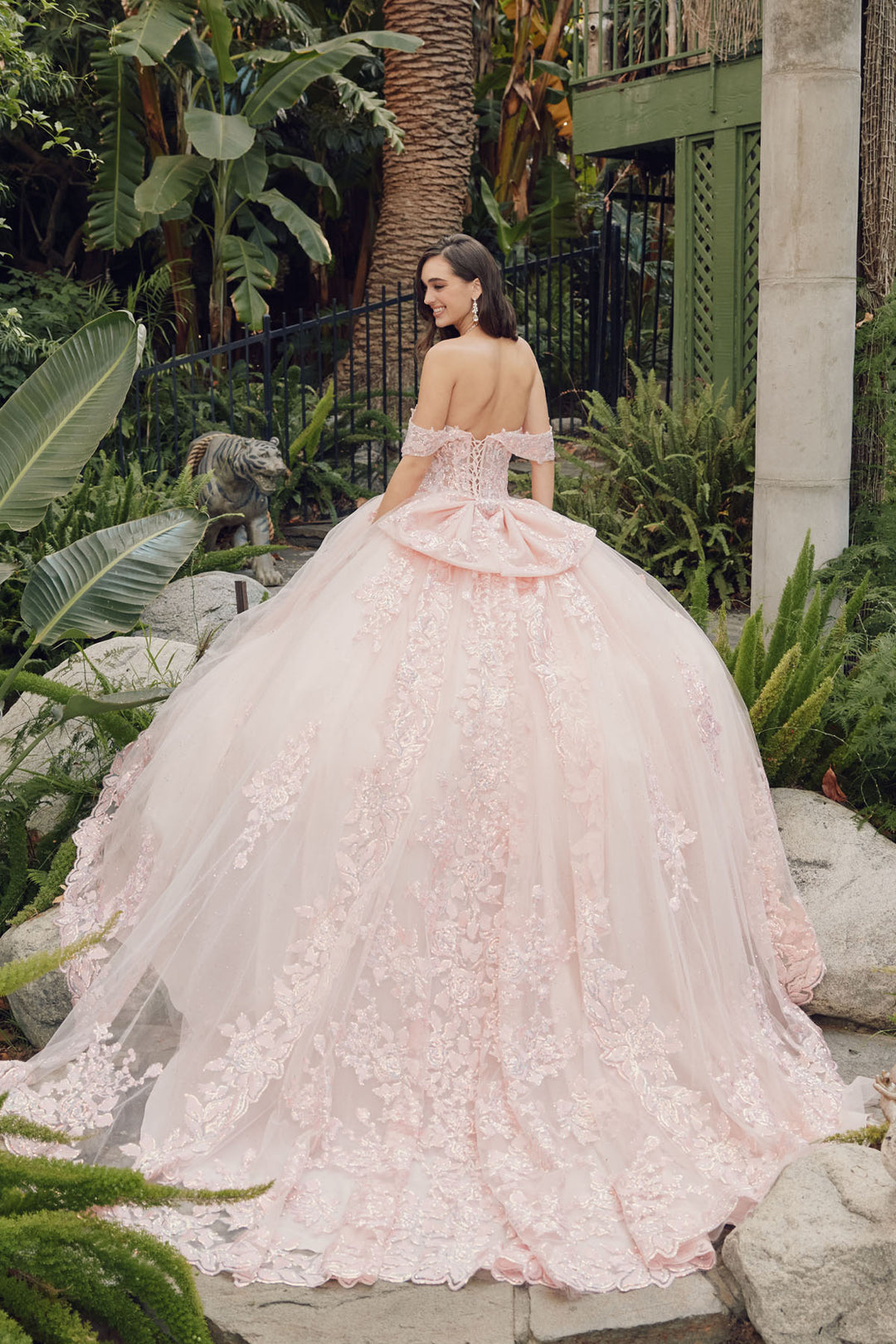 Juliet JT1458J off-shoulder ball gown quinceanera dress back view with bow detail
