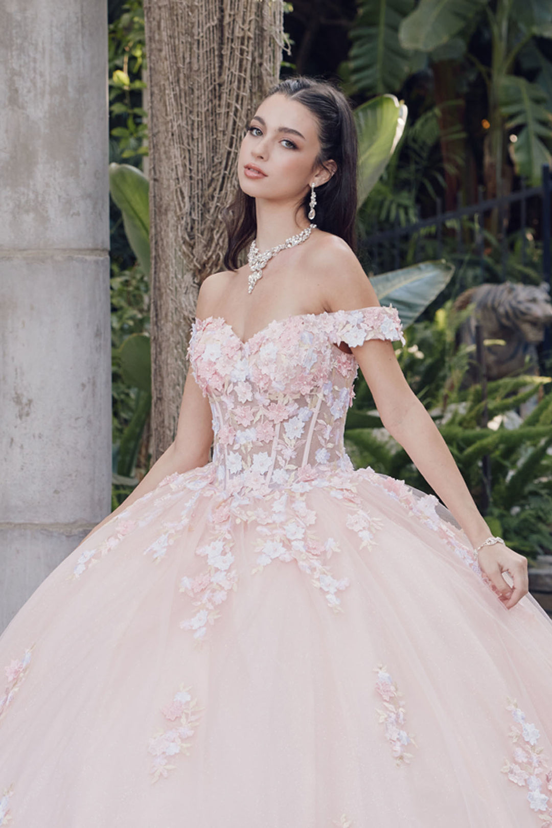 Juliet JT1460J off-shoulder floral appliqué quinceanera ball gown bodice and floral appliqué detail