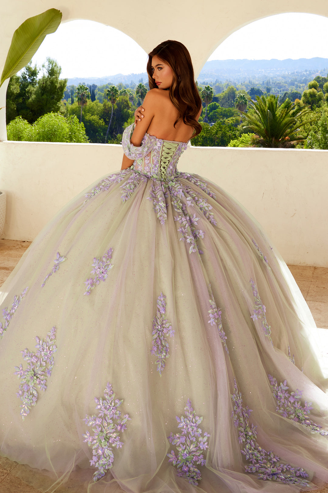 Juliet JT1479J quinceanera ball gown back view with lace-up detail and train