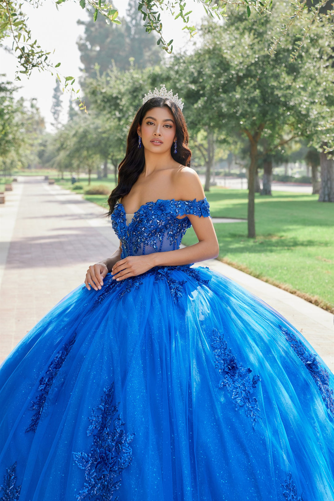 Juliet JT1505J embroidered off-shoulder bodice and ball gown skirt detail view