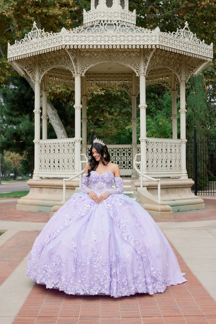 Juliet JT1459J off-shoulder floral appliqué quinceanera dress front view, option 2