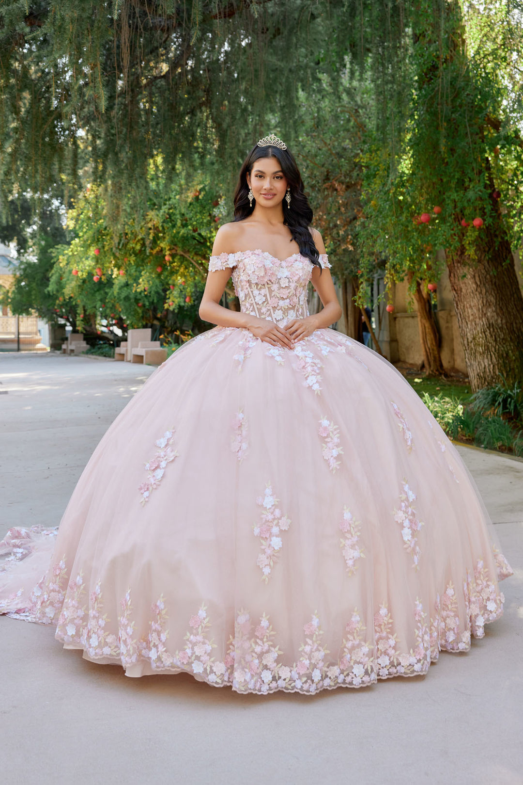 Juliet JT1460J off-shoulder floral appliqué quinceanera ball gown front view, option 3