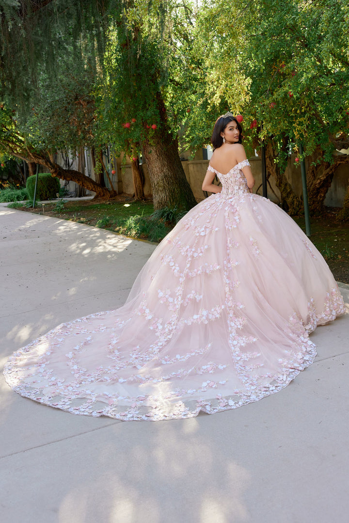 Juliet JT1460J off-shoulder floral appliqué quinceanera ball gown back view with train, option 3