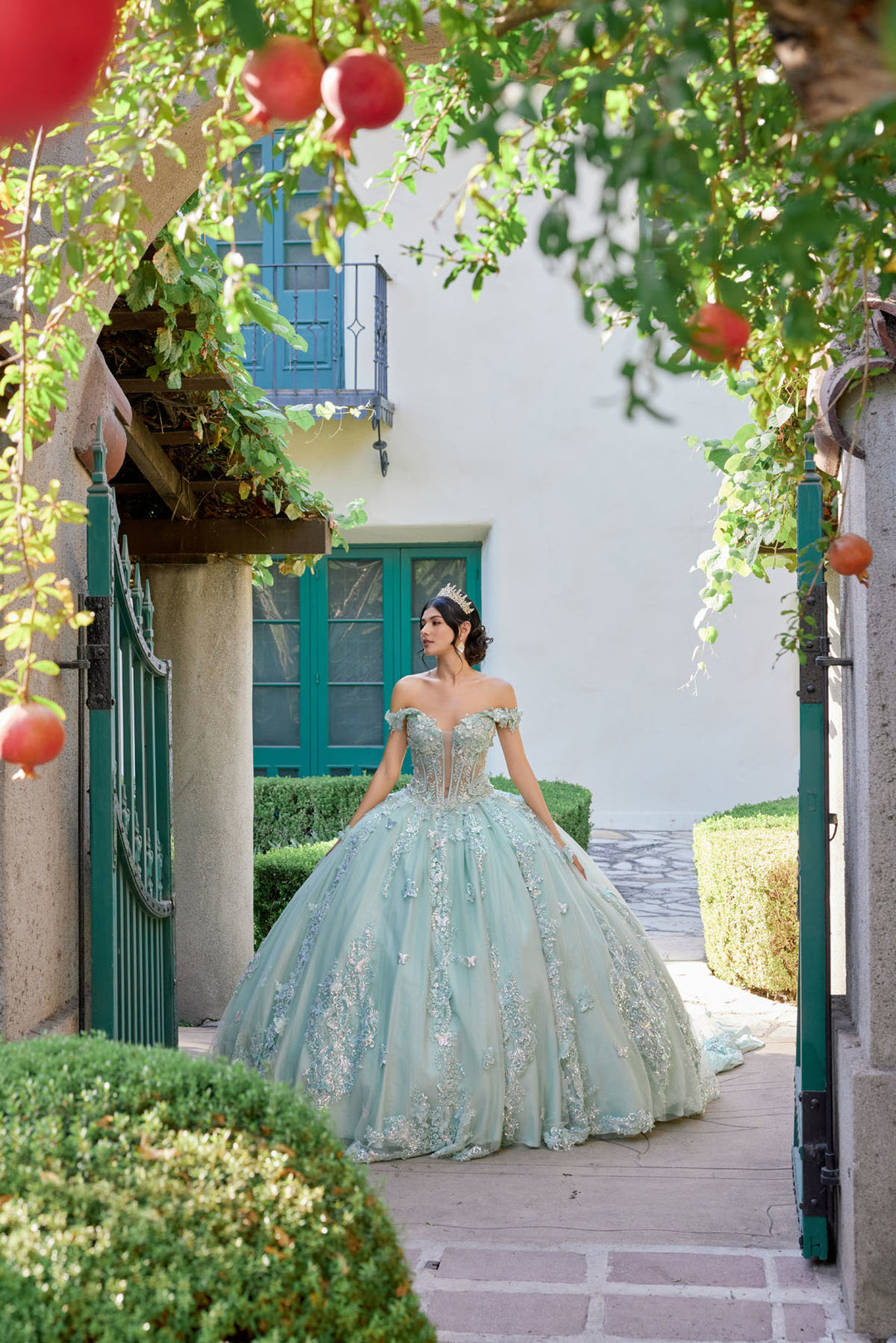 Juliet JT1485J off-shoulder ball gown quinceanera dress front view, option 5