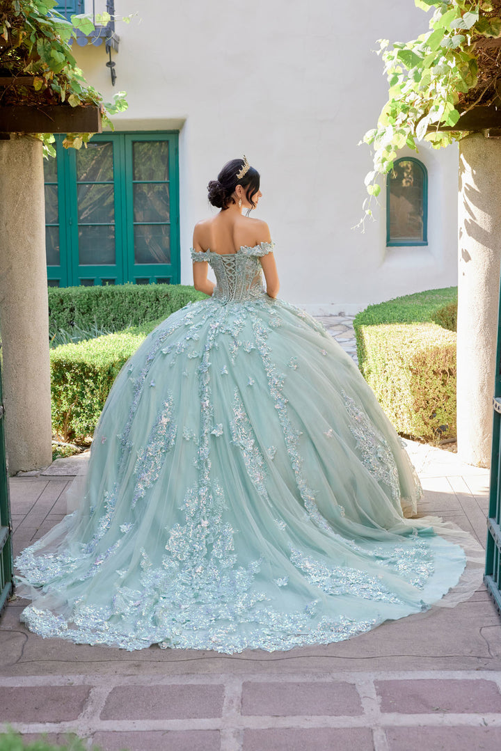 Juliet JT1485J off-shoulder ball gown quinceanera dress back view with train