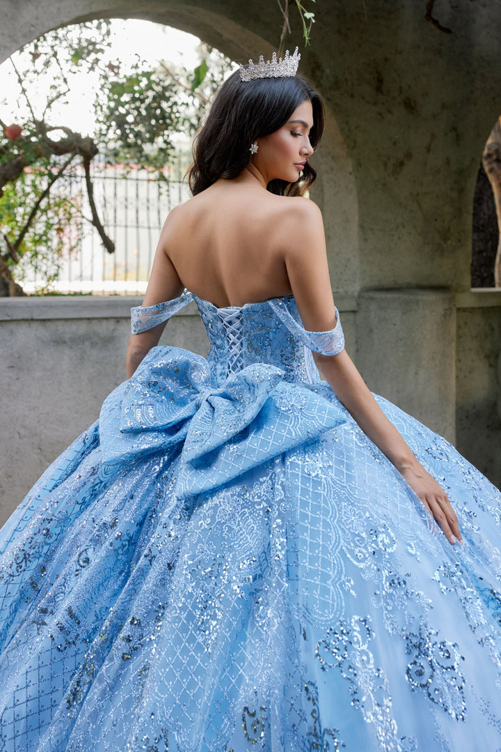 Juliet JT1510H off-shoulder quinceanera ball gown back view with lace-up detail and bow