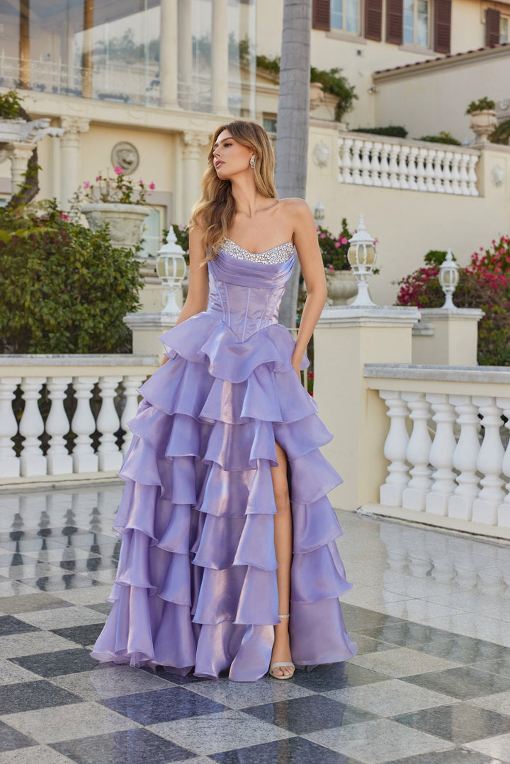 Strapless A-line Ruffled Slit Gown by Juliet JT2664S - FOSTANI.com