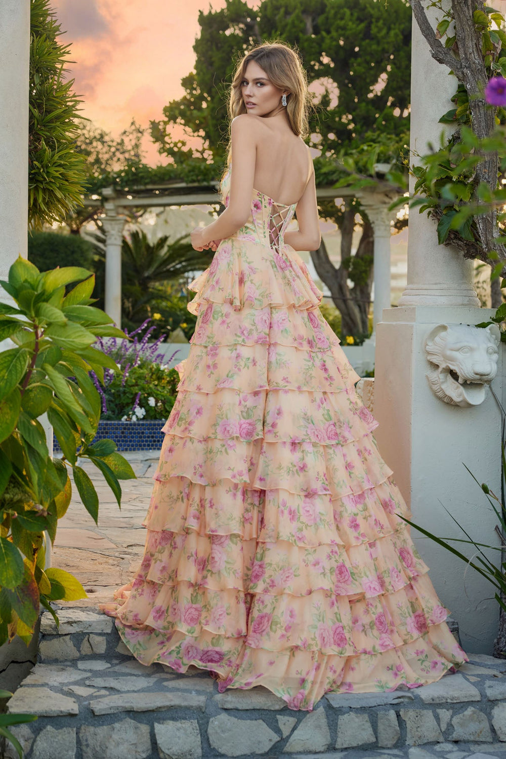 Print Strapless A-line Tiered Slit Gown by Juliet JT2739S - FOSTANI.com