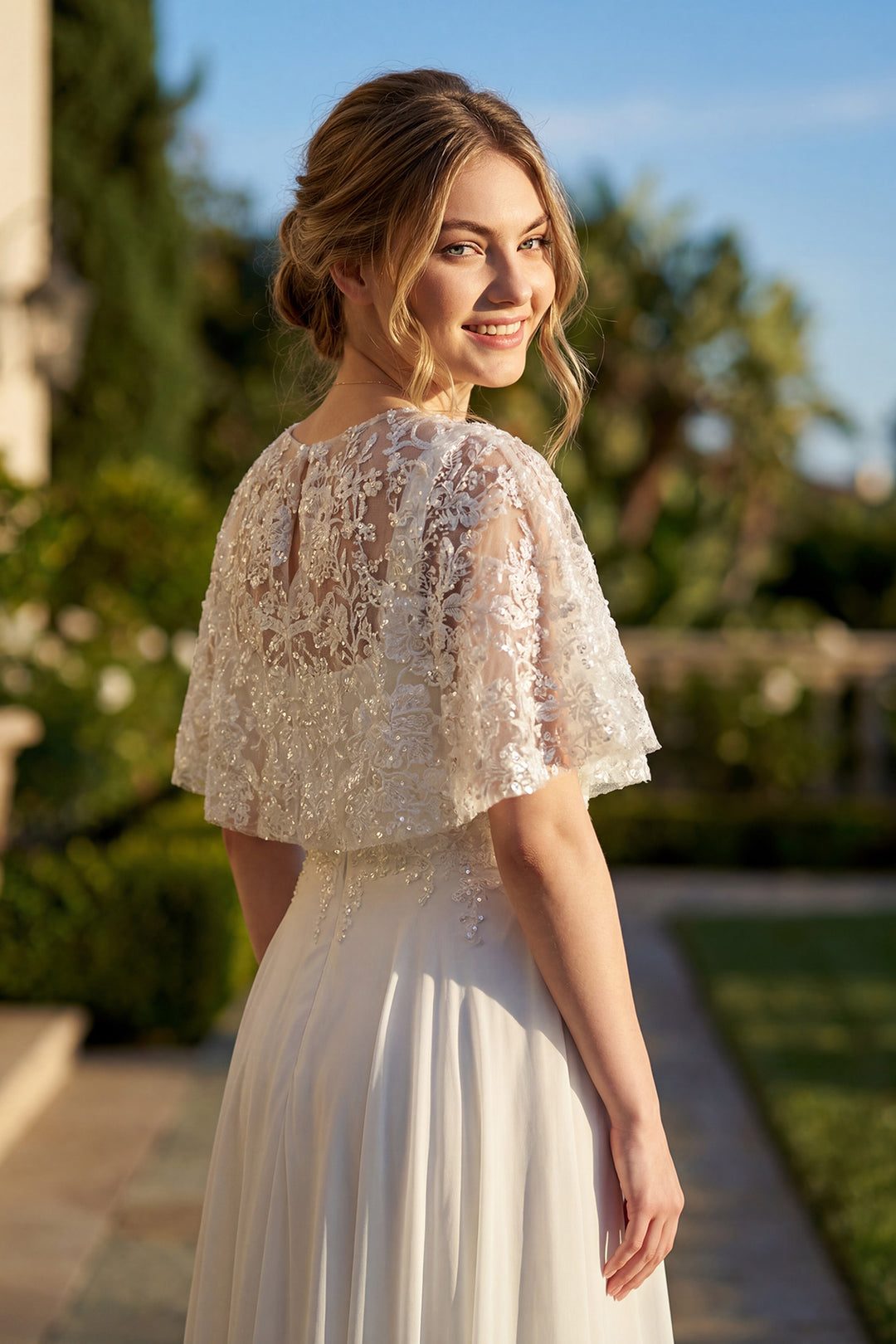 Juliet JTM21LW two-piece beaded flutter sleeve top mother of the bride dress detail view