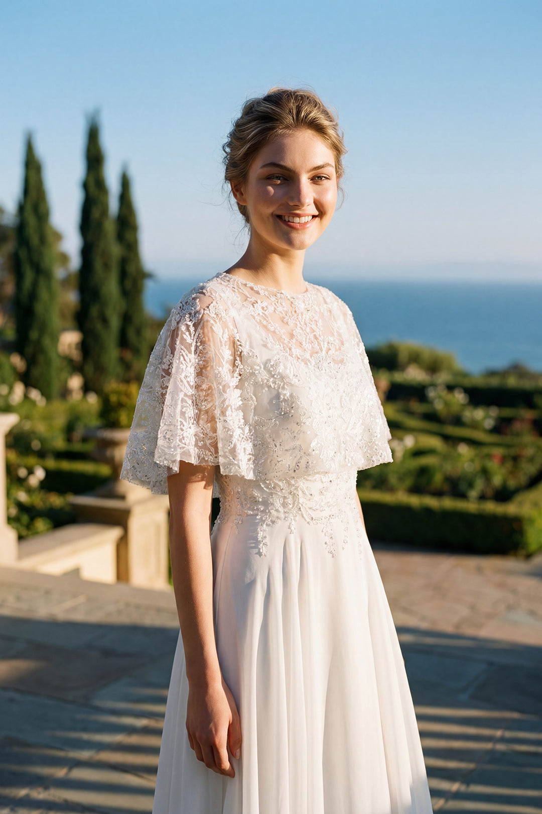 Juliet JTM21LW two-piece beaded flutter sleeve top mother of the bride dress side view