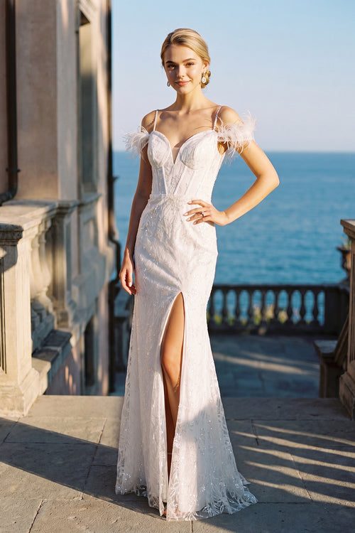 Juliet 2402W Feather Off-Shoulder Glitter Leaf Sequin Slit Bridal Gown