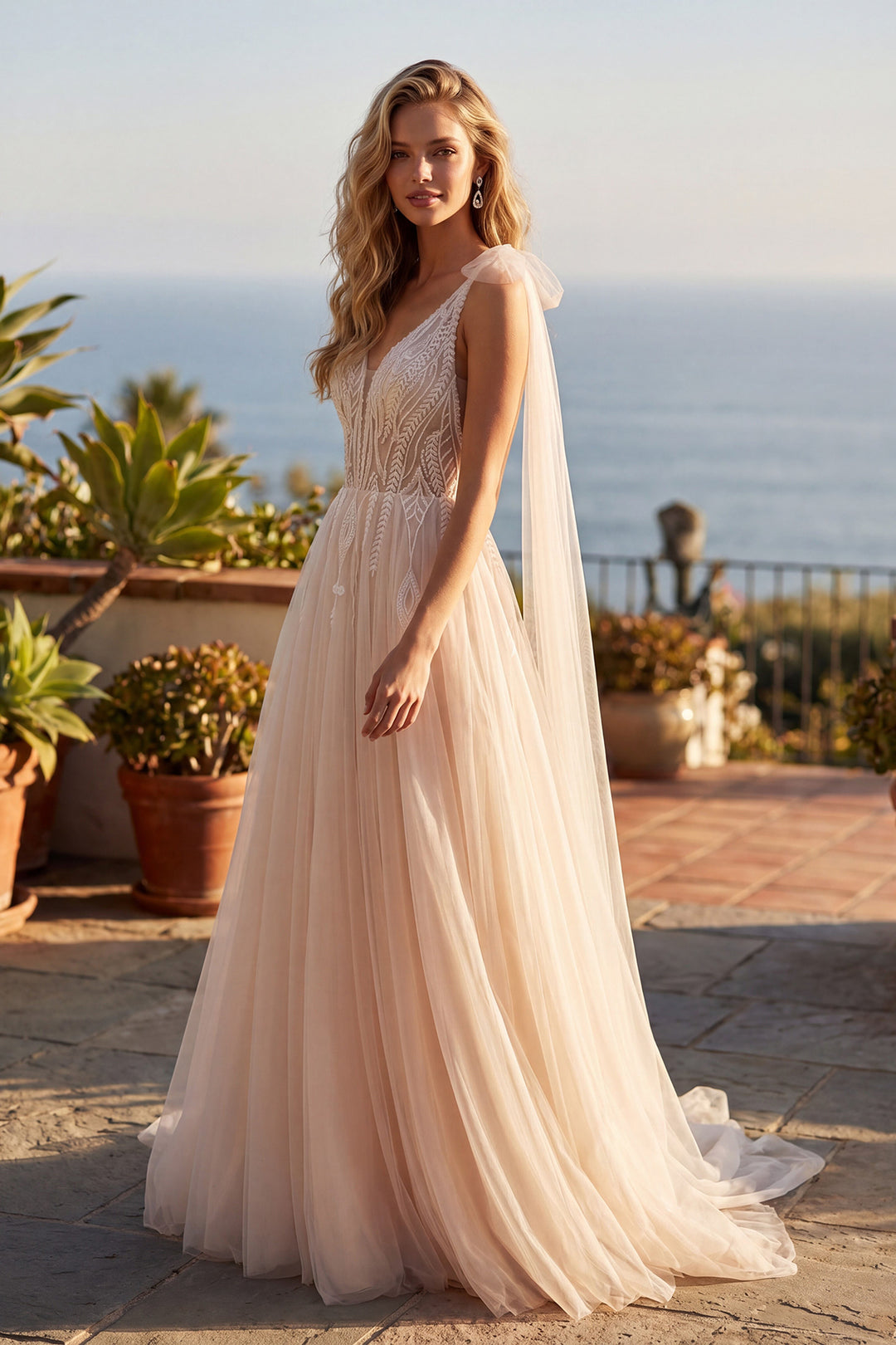 Juliet JT2602CW V-neck A-line bridal gown with shoulder streamers front three-quarter view