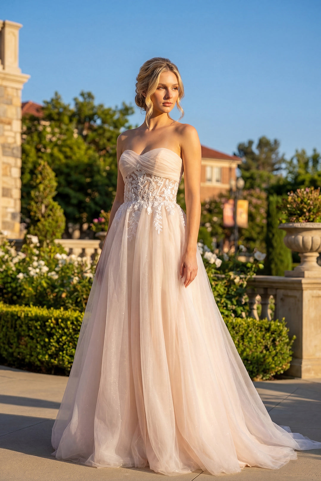 Juliet JT2702AW strapless sweetheart sheer embroidered waist bridal gown front view, option 2