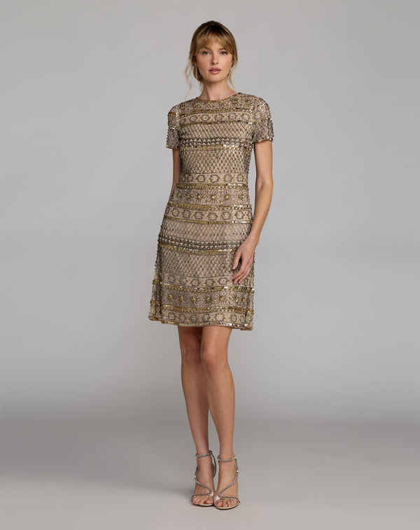 Mac Duggal 10113 Gold Short Sleeve Embellished Mini Dress