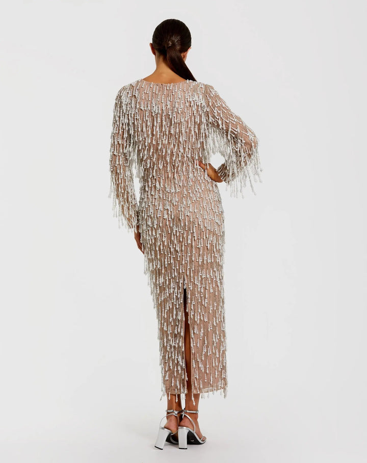 Beige Long Sleeve Midi Dress With Embellished Fringe - FOSTANI.com