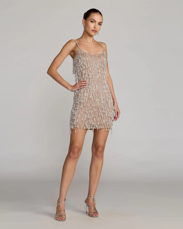 Mac Duggal 10121 Beige Pearl Fringe Mini Dress - FOSTANI.com