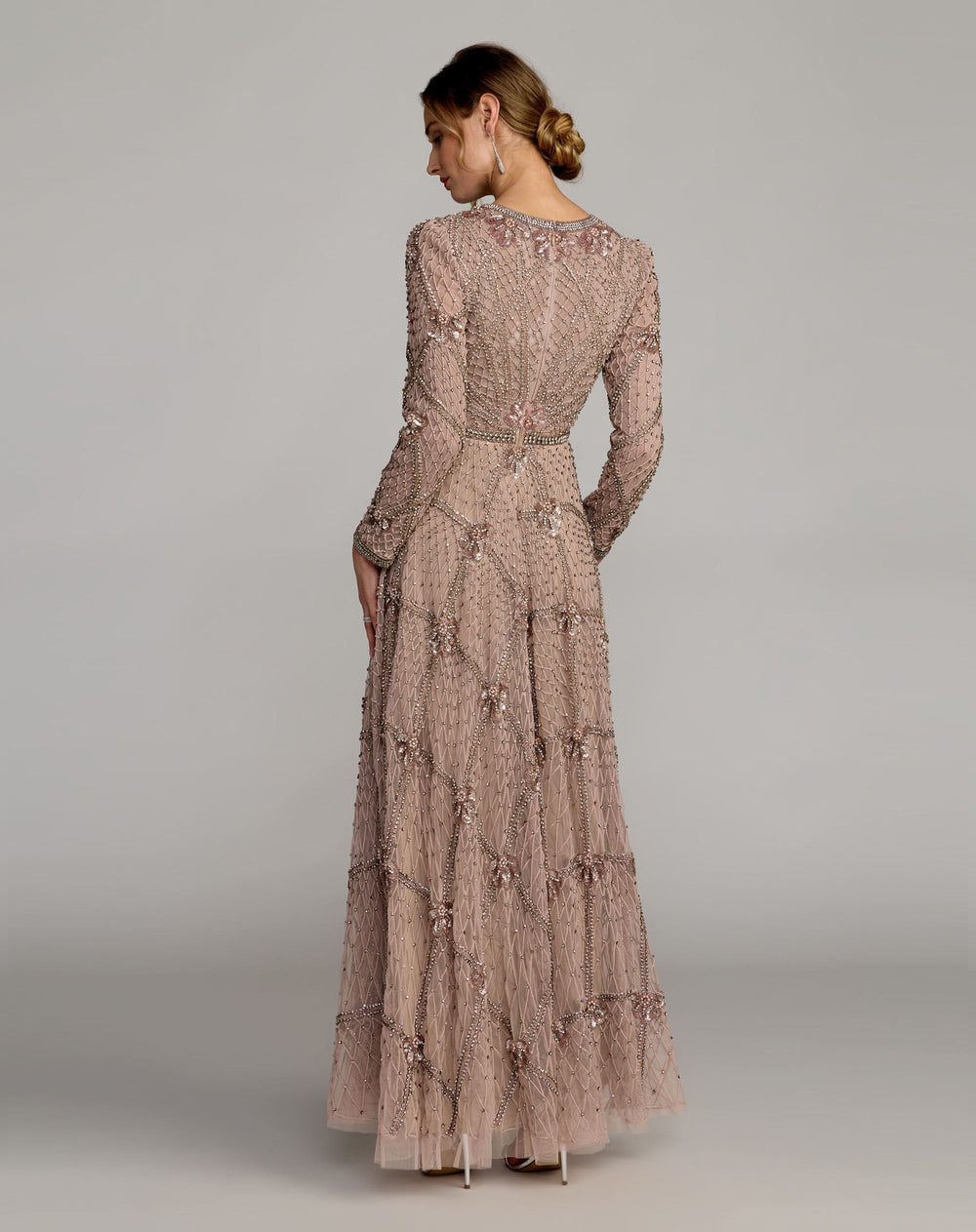 Mac Duggal 10173 Rhinestone Embellished Long Sleeve A-Line Gown