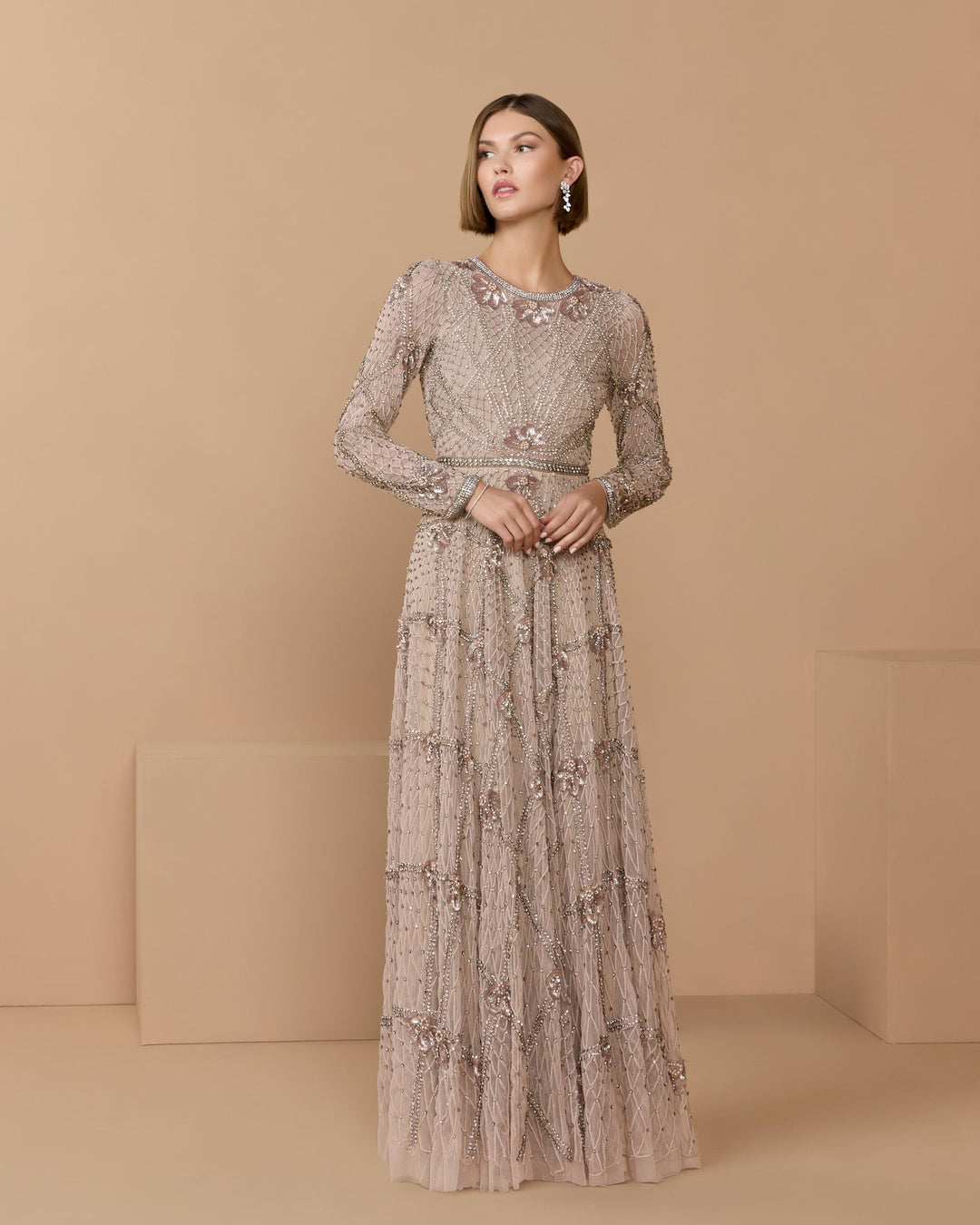 Mac Duggal 10173 Rhinestone Embellished Long Sleeve A-Line Gown