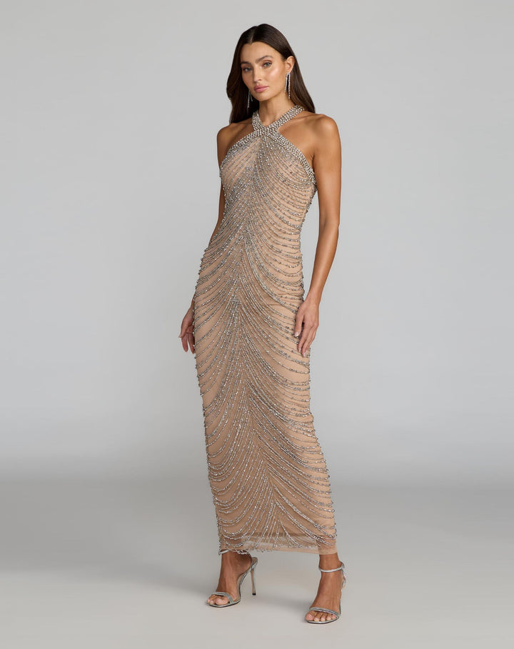Mac Duggal 10206 Beige Halter Neck Embellished Maxi Dress