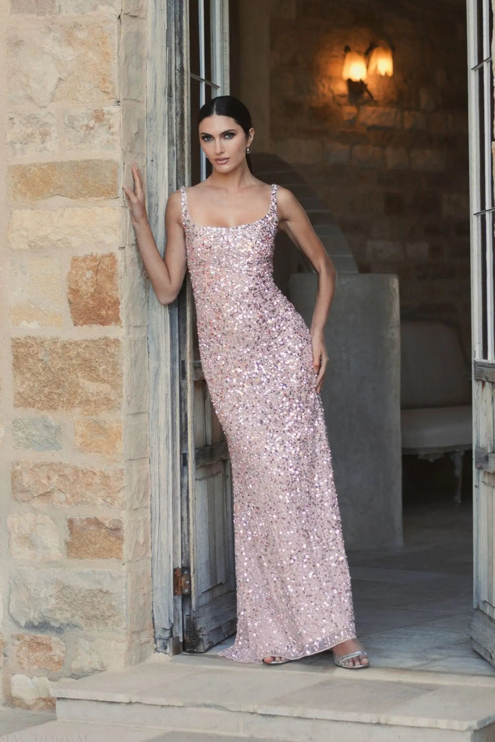 Mac Duggal 10705 Pink Sequined Low Back Slip Gown