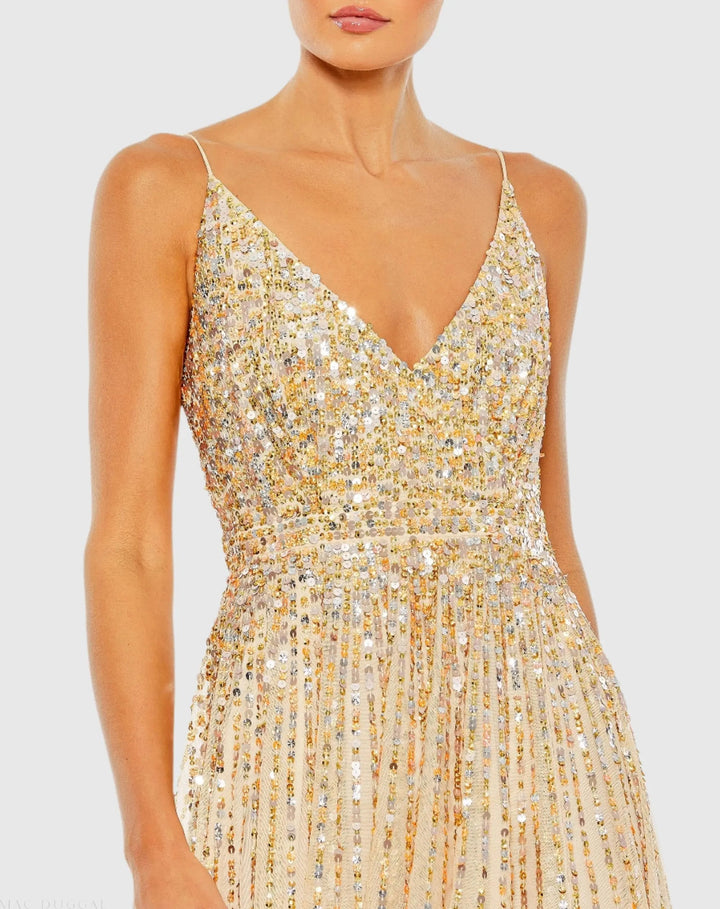 Mac Duggal 10928 Sequined Sleeveless Wrap Over A Line Gown
