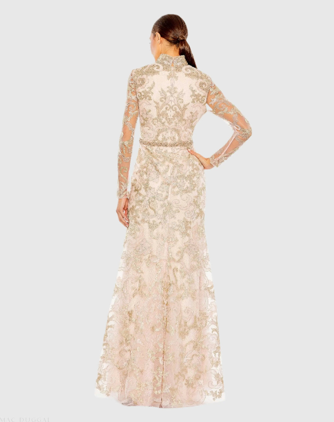 Mac Duggal 11165 Queen Anne Lace Long Sleeve V-Neck Trumpet Gown