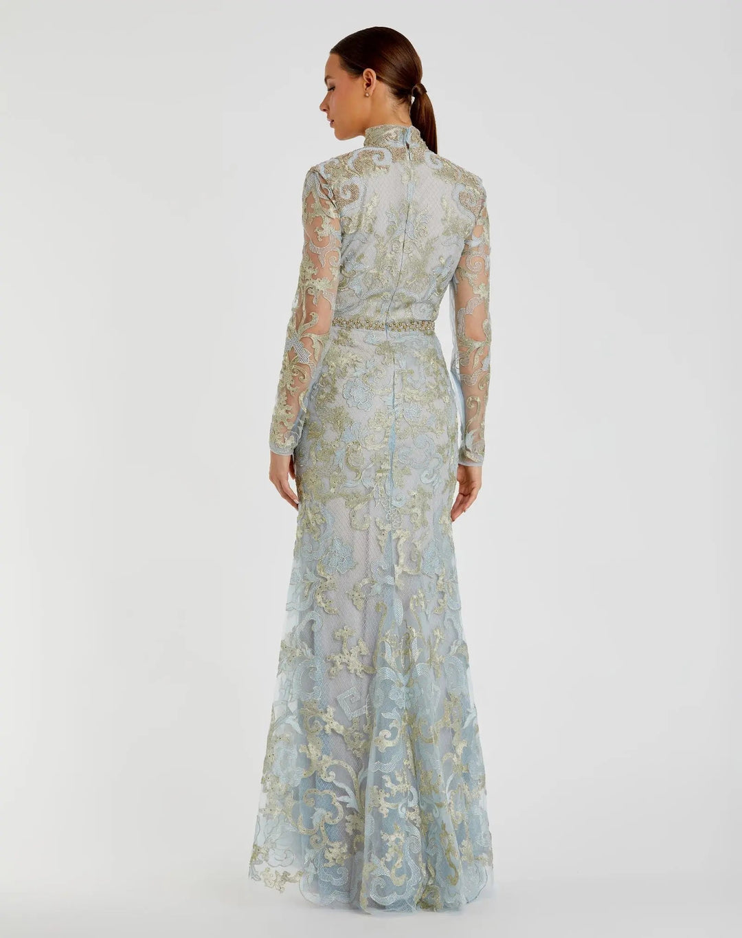 Mac Duggal 11165 Queen Anne Lace Long Sleeve V-Neck Trumpet Gown