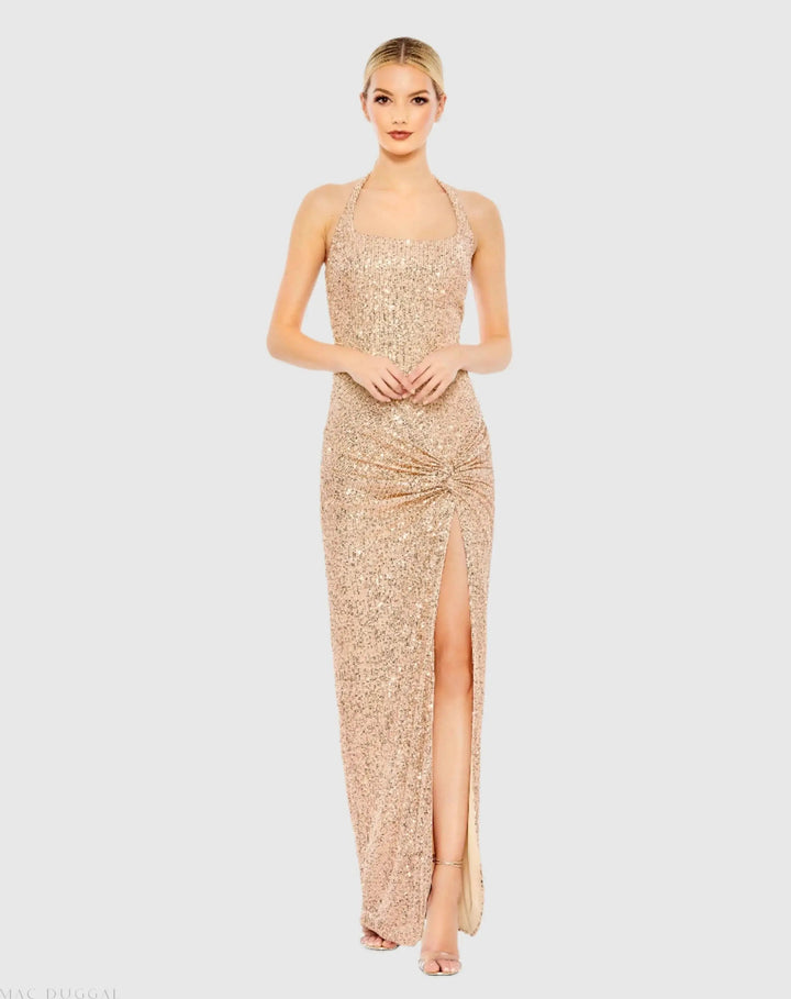 Mac Duggal 11279 Sequined Halter Strap Low Side Knot Gown