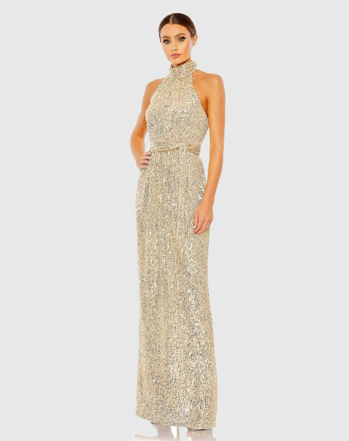 Mac Duggal 11281 Sequin Halter Neck Column Gown With Tie Belt