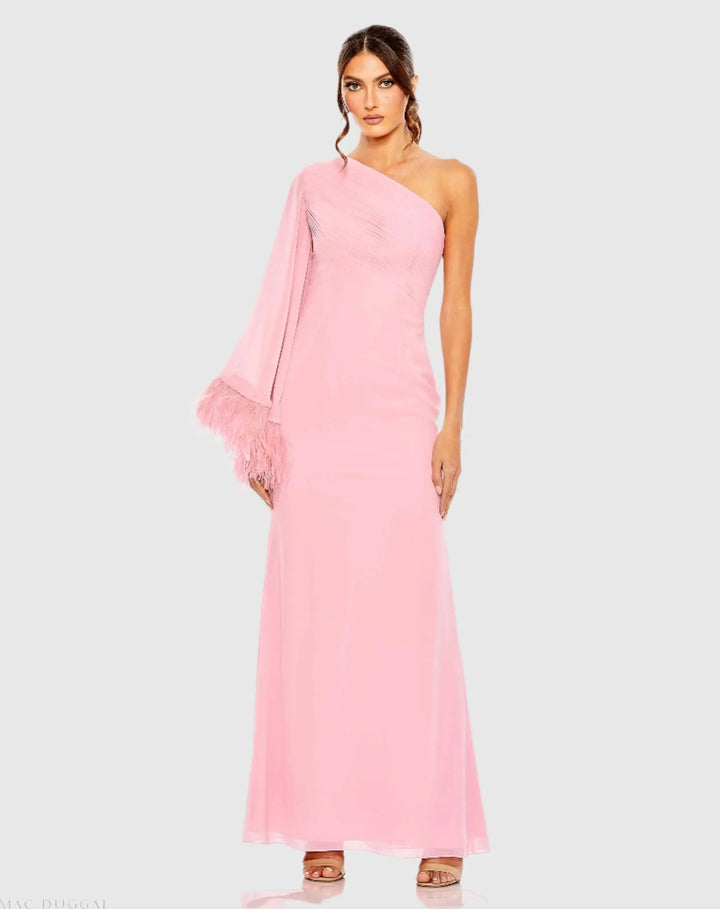 Mac Duggal 11442 Feather Cuff One Shoulder Ruched Gown