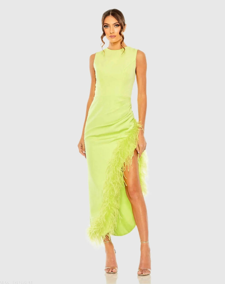 Mac Duggal 11626 Ruched High-Low Sheath Dress with Feather Trim