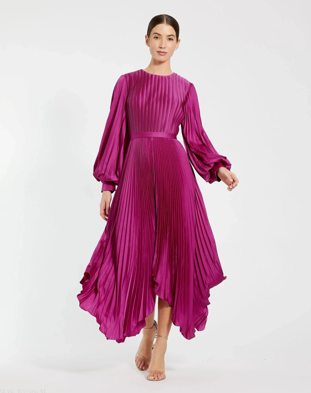 Purple Long Sleeve Pleated Charmeuse Handkerchief Dress - FOSTANI.com