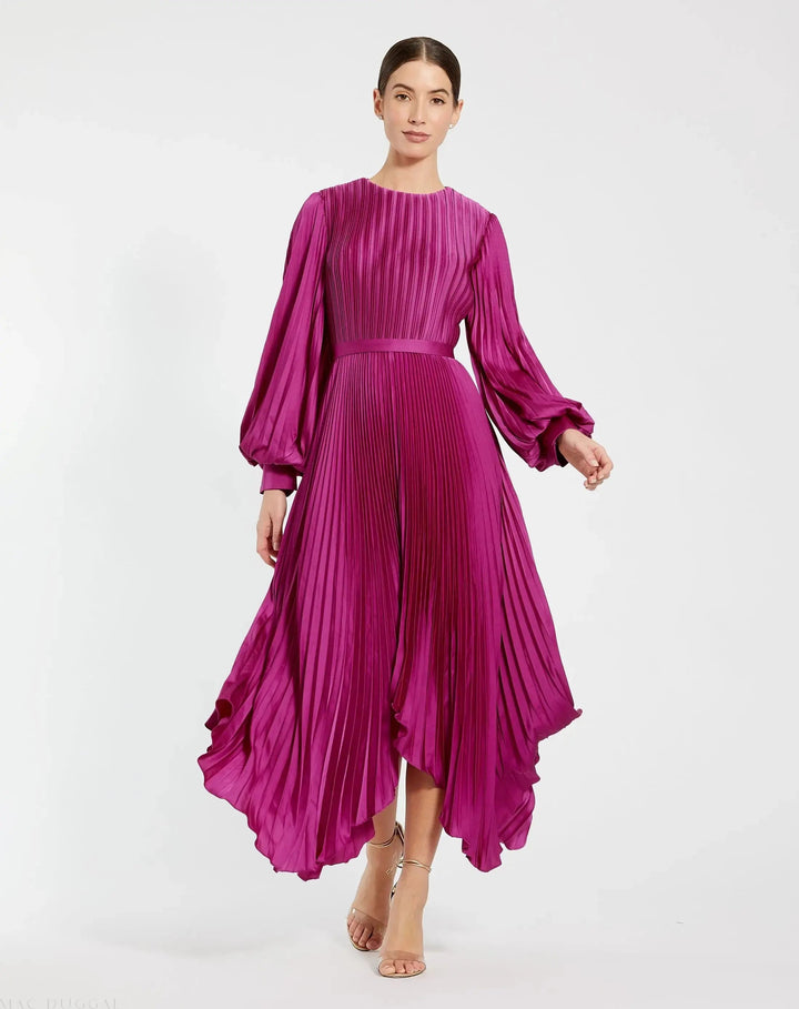 Purple Long Sleeve Pleated Charmeuse Handkerchief Dress - FOSTANI.com