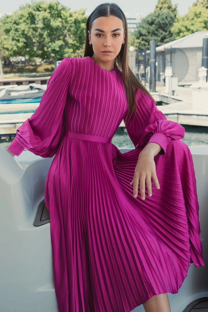Purple Long Sleeve Pleated Charmeuse Handkerchief Dress - FOSTANI.com