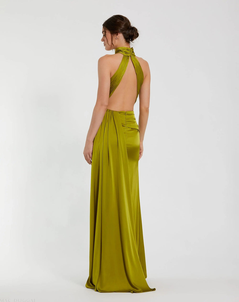 Dark Green Open Back High Neck Side Ruched Gown - FOSTANI.com