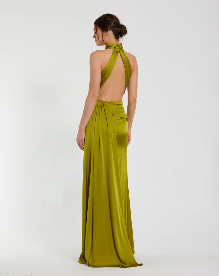 Dark Green Open Back High Neck Side Ruched Gown - FOSTANI.com
