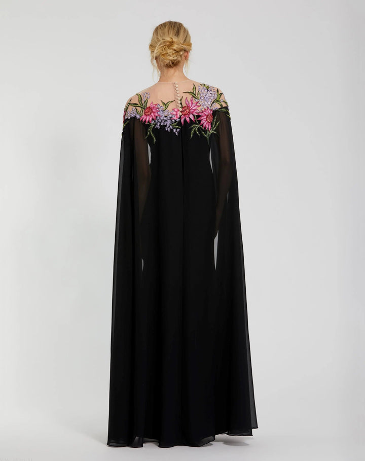 Mac Duggal 11798 Floral Applique Crepe Gown with Sheer Cape Sleeves