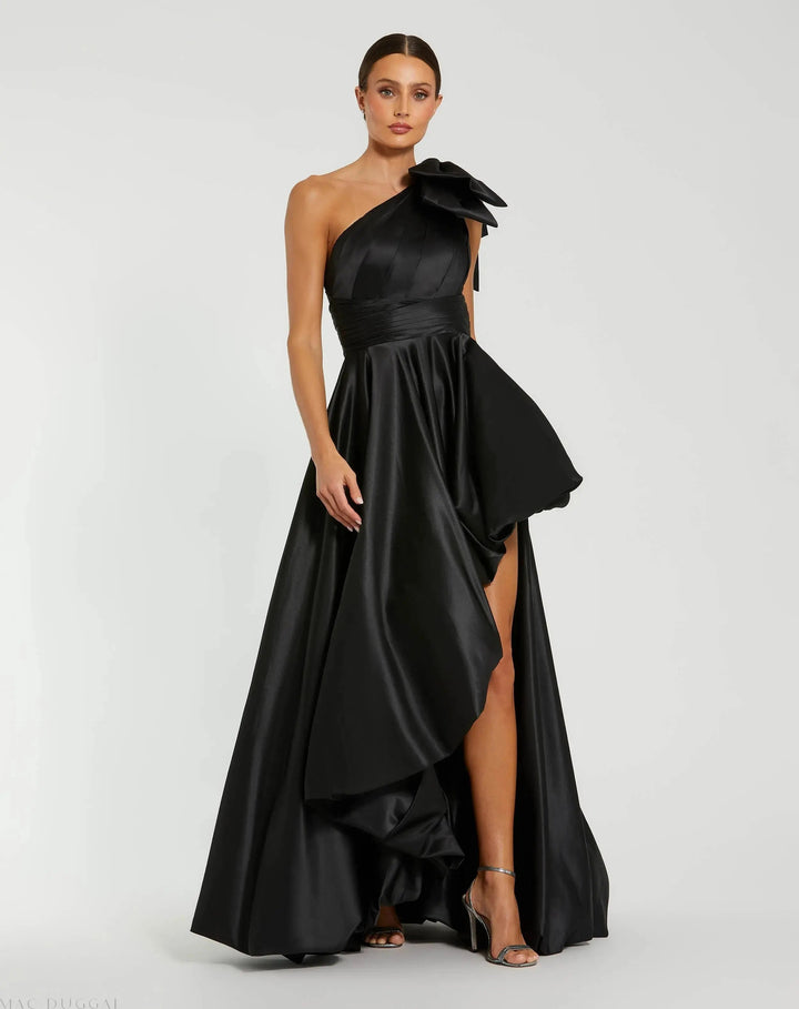 Mac Duggal 11800 Black Satin One Shoulder Bow Gown