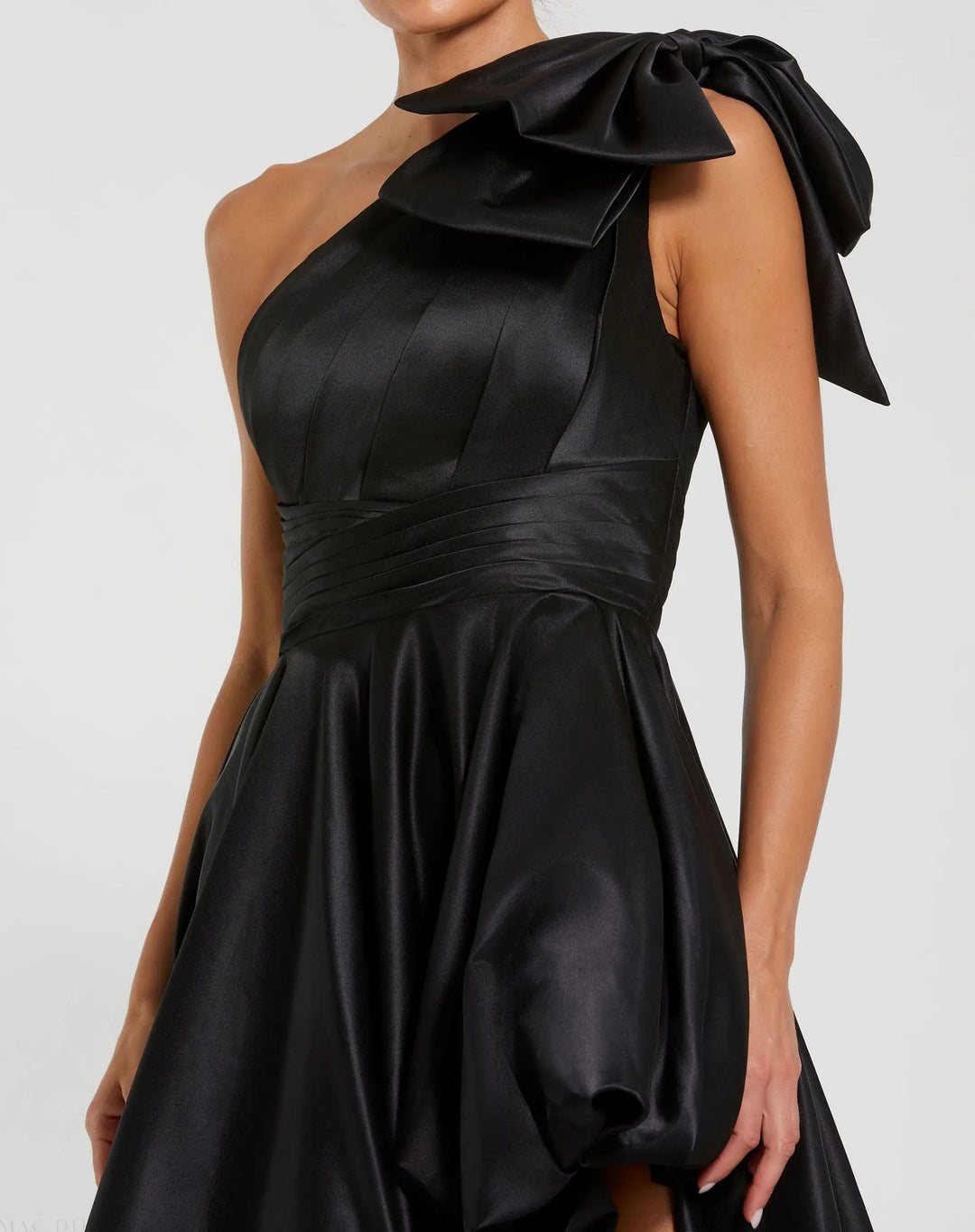 Mac Duggal 11800 Black Satin One Shoulder Bow Gown